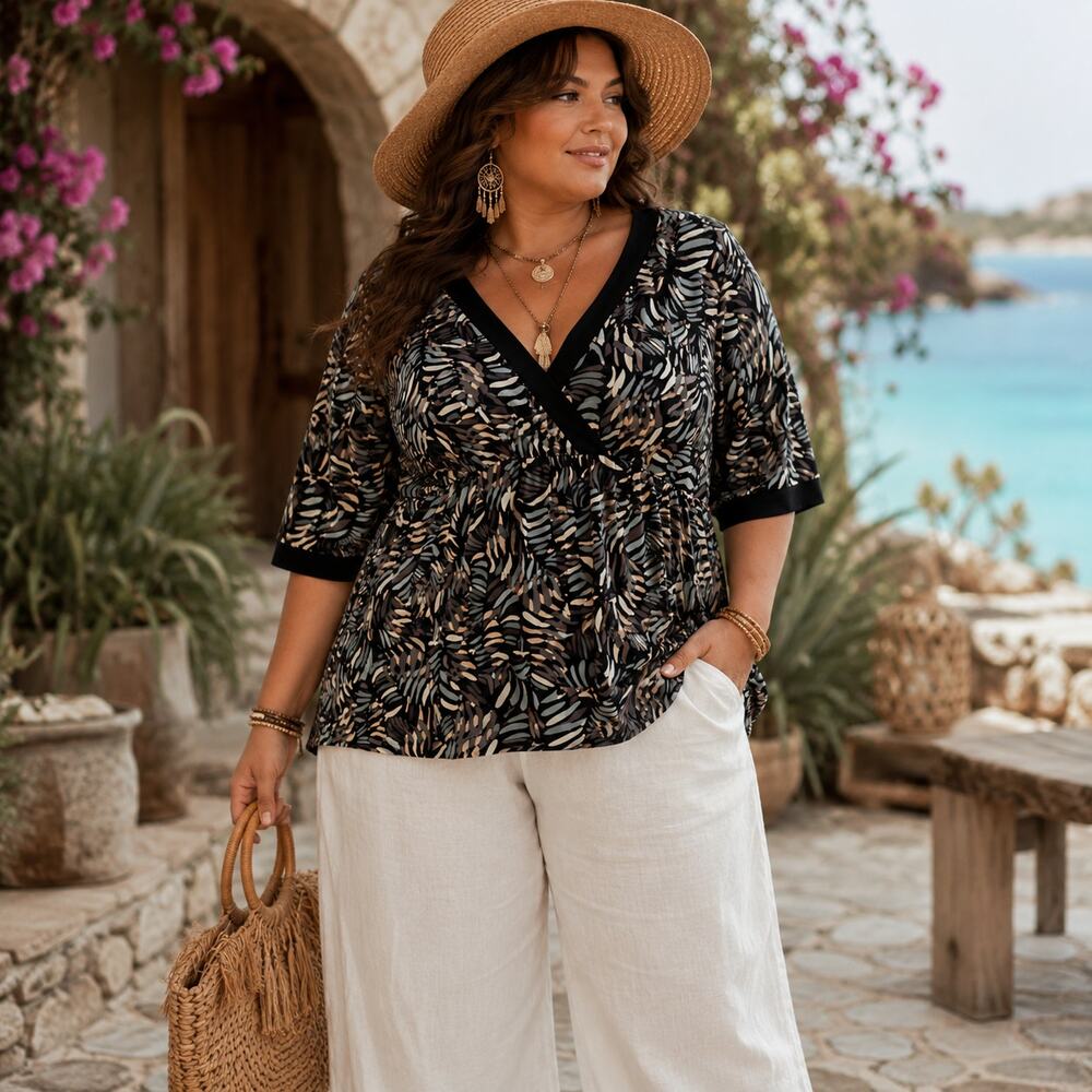 Lane Bryant Tropical Leaf Faux Wrap Too Sz 18/20 Boho Resort Stretch Babydoll
